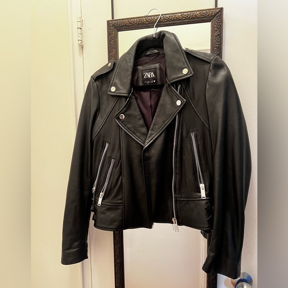 Zara Unisex Genuine Leather Biker Jacket Size S - Picture 3 of 6
